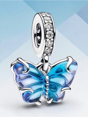 New Authentic Pandora Silver Charm Blue Murano Glass Butterfly Dangle 792698C01